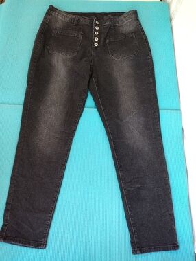 Women's Skinny Stretchy Jeans Button Fly Black Distressed Size 18